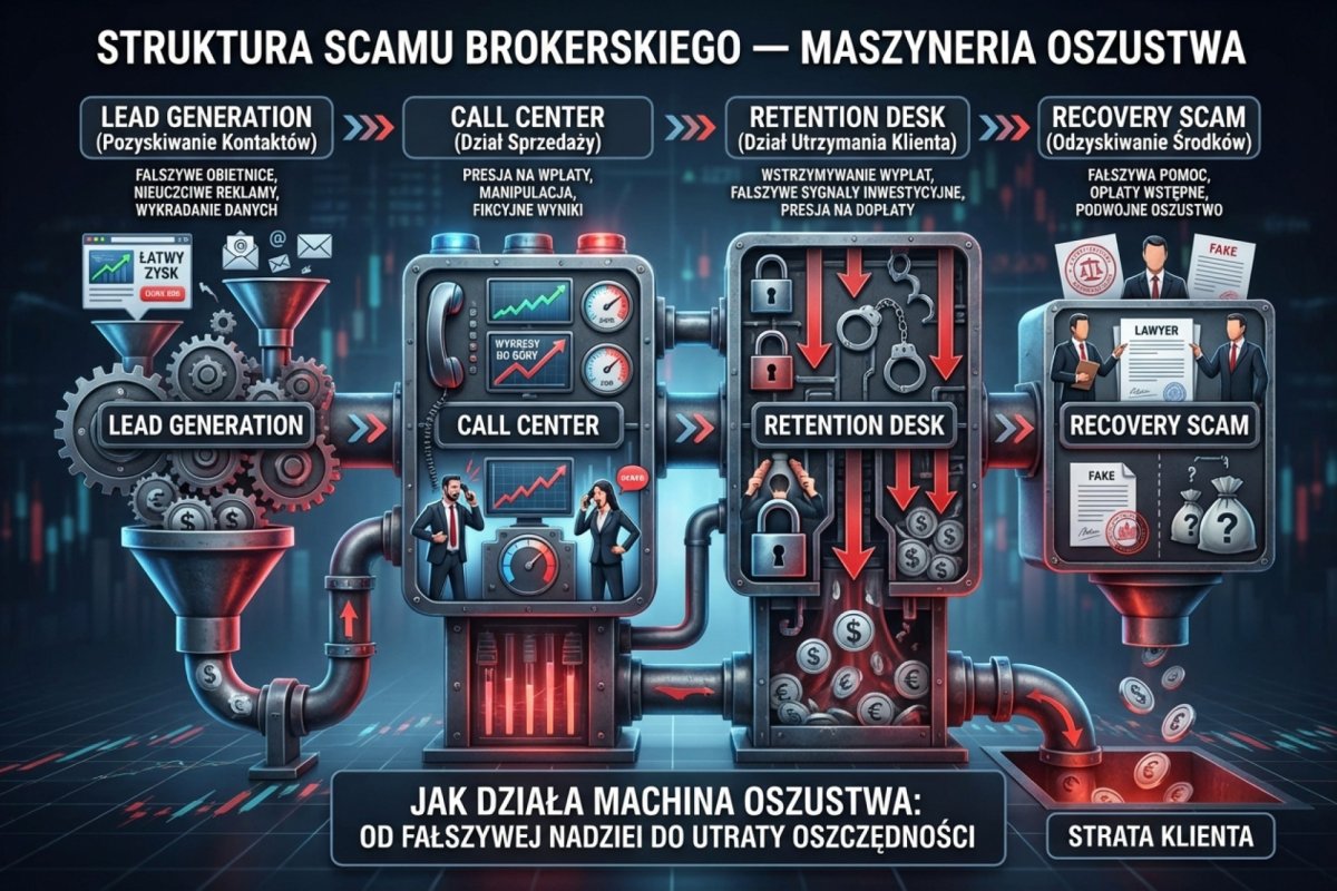 Struktura organizacyjna scamu brokerskiego — lead generation, call center, retention desk i recovery scam jako cztery działy maszynerii oszustwa