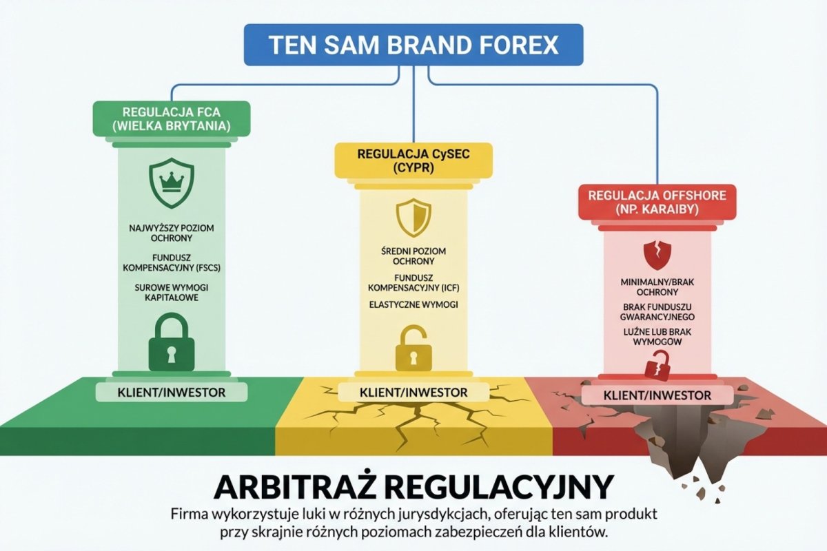Arbitraż regulacyjny — ten sam brand, trzy encje prawne: FCA, CySEC, offshore, różne poziomy ochrony klienta