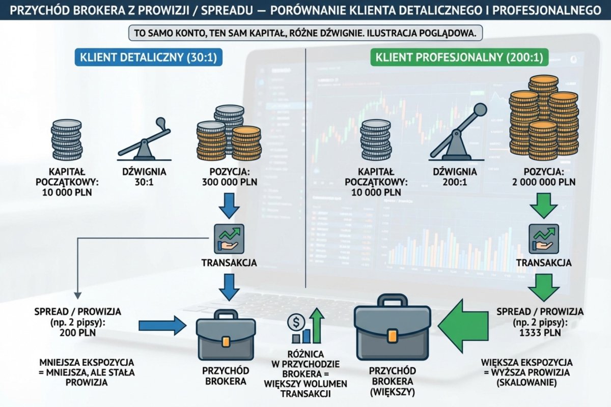 Przychód brokera z prowizji/spreadu — porównanie klienta retail 30:1 vs professional 200:1 na tym samym koncie