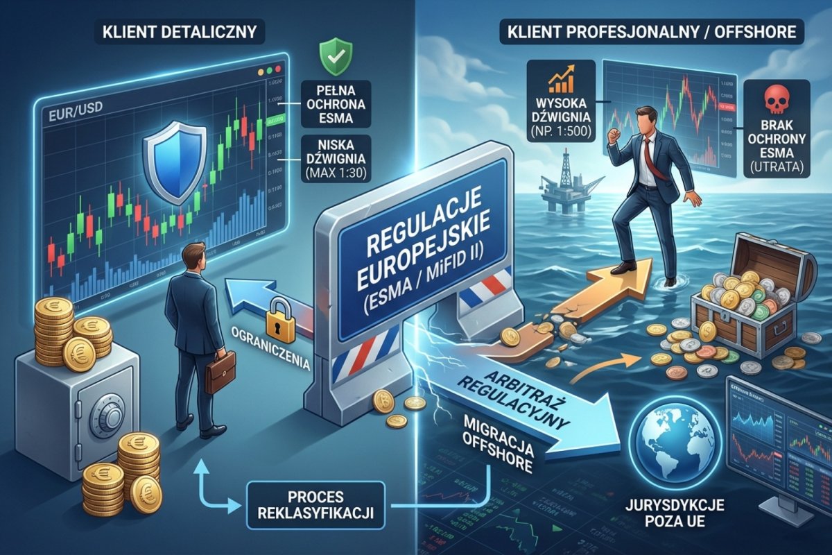 Klient detaliczny vs profesjonalny i arbitraż regulacyjny — reklasyfikacja MiFID II, utrata ochrony ESMA, migracja offshore