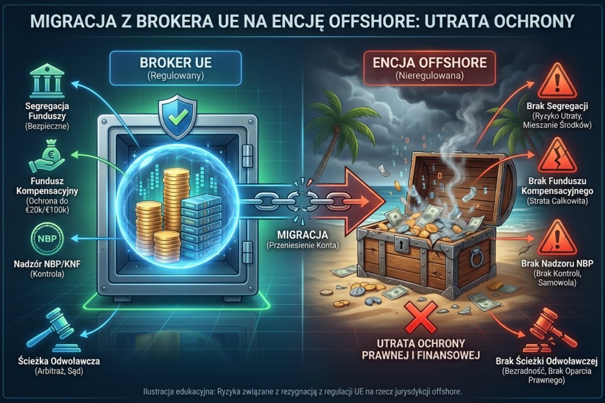 Migracja z brokera UE na encję offshore — utrata segregacji, funduszu kompensacyjnego, NBP i ścieżki odwoławczej