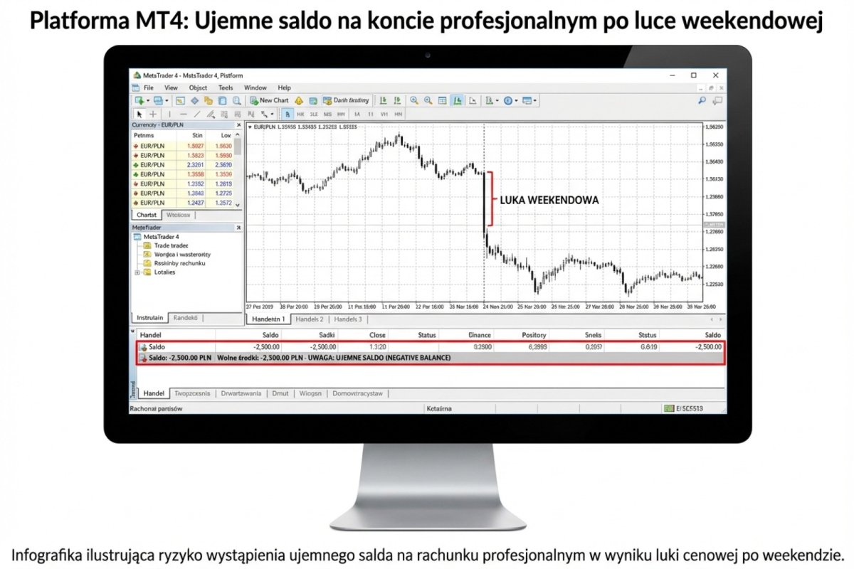 Dowód z platformy MT4: ujemne saldo (Negative Balance) na koncie profesjonalnym po luce weekendowej