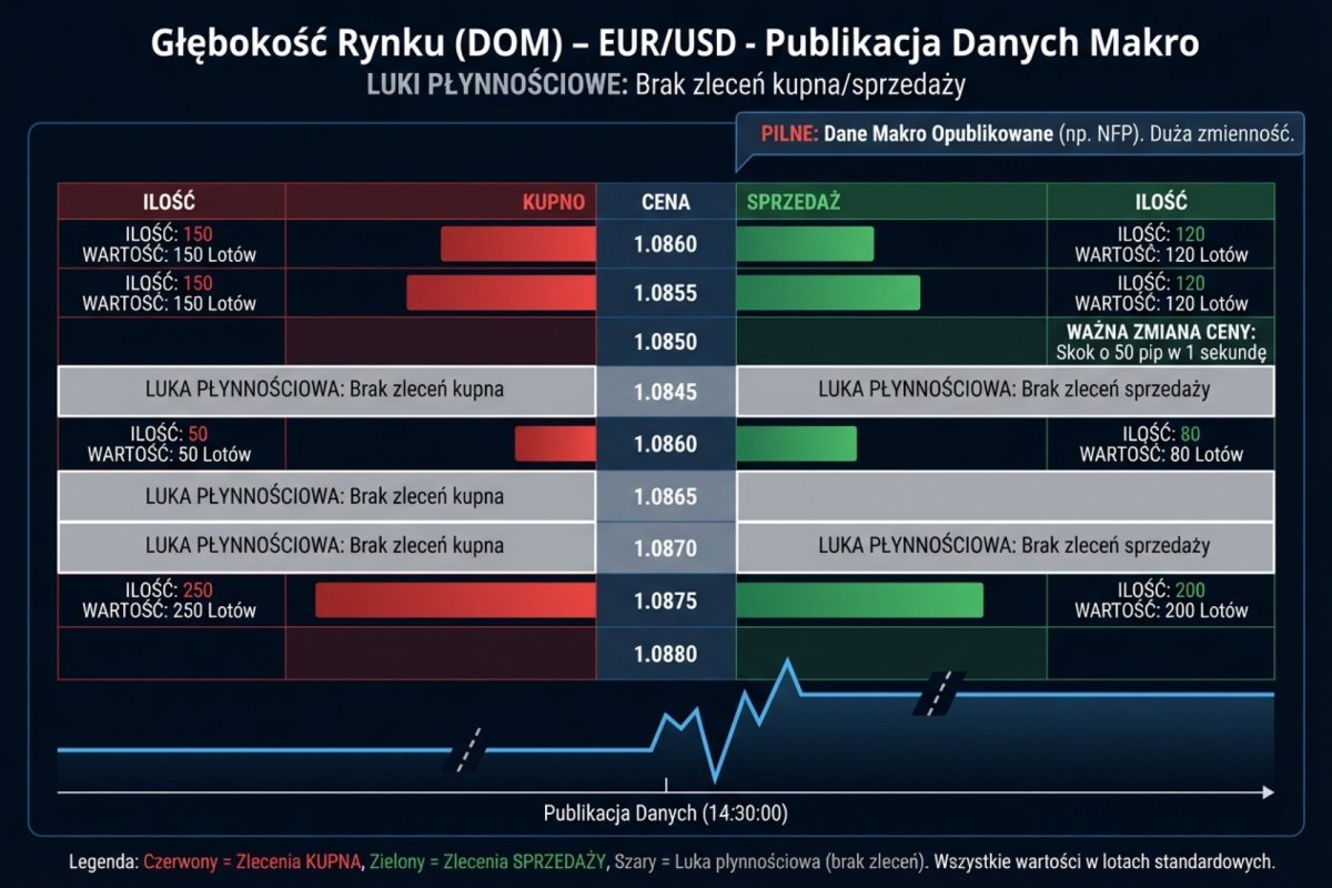 Zrzut ekranu Depth of Market (DOM) podczas publikacji danych makro — widoczne luki płynnościowe