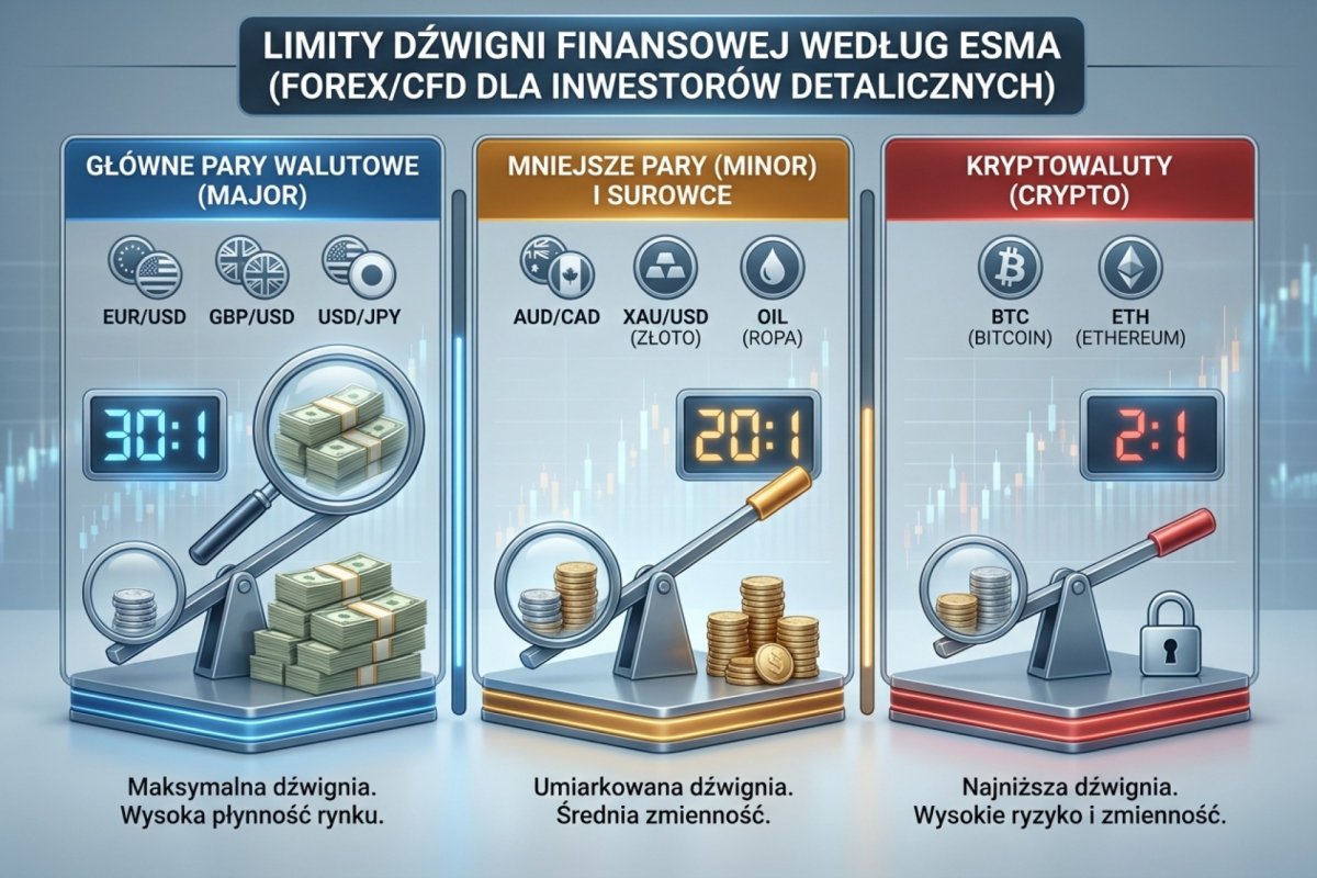 Limity dźwigni ESMA — 30:1 na majorach, 20:1 na minorach, 2:1 na krypto