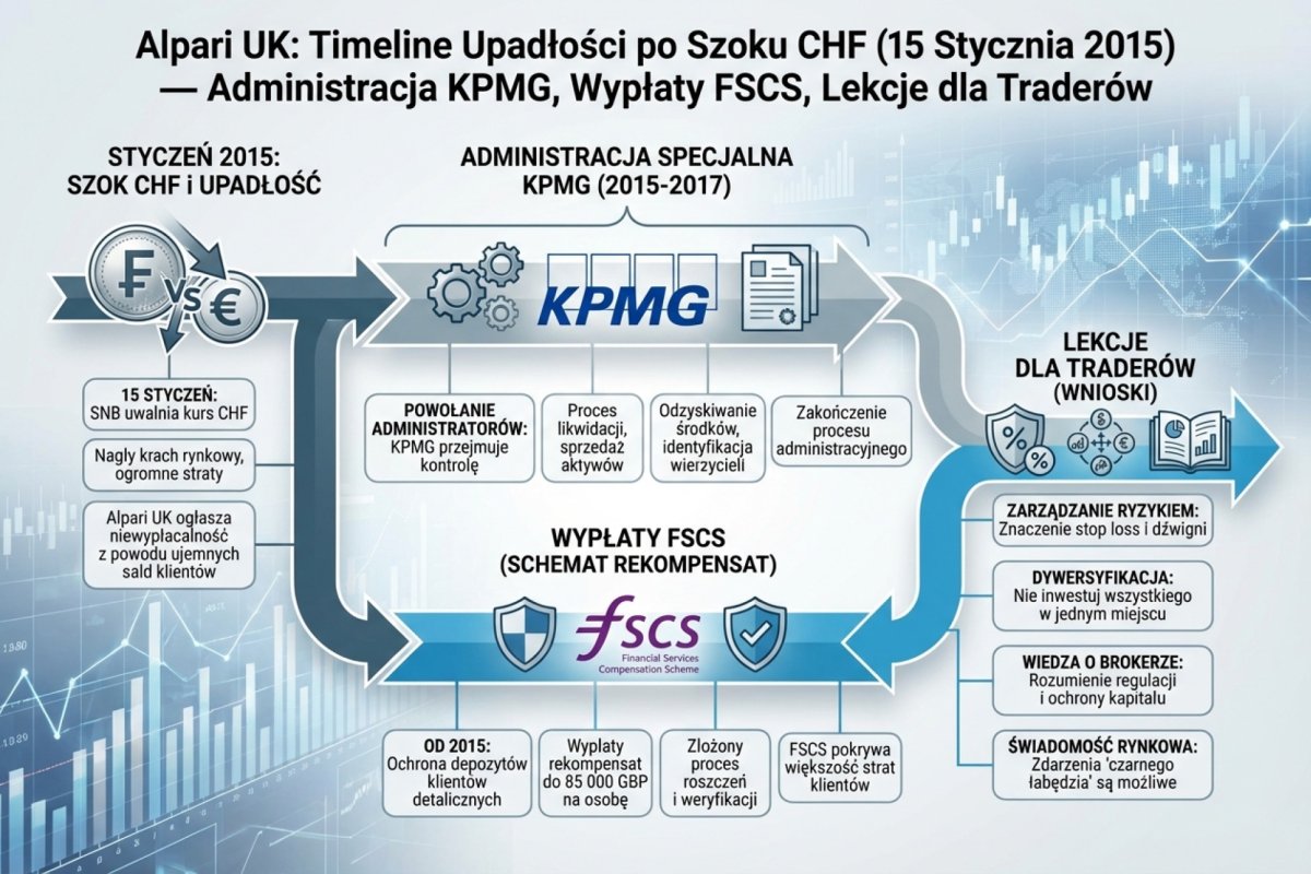 Alpari UK — timeline upadłości po szoku CHF 15 stycznia 2015: administracja KPMG, wypłaty FSCS, lekcje dla traderów