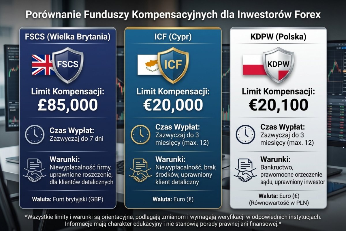 Porównanie funduszy kompensacyjnych: FSCS £85,000, ICF €20,000, KDPW €20,100 — limity, czas wypłat, warunki