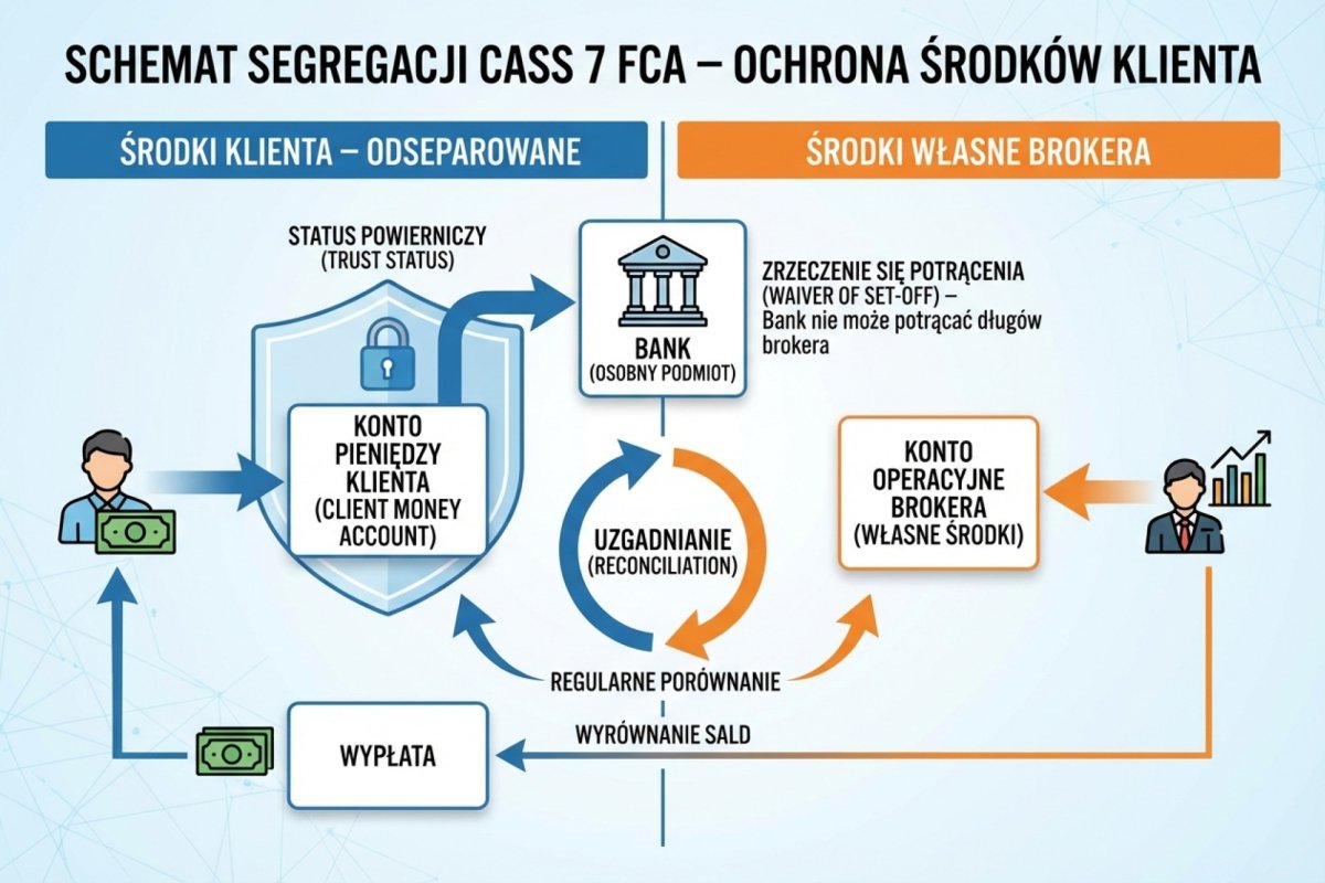 Schemat segregacji CASS 7 FCA: client money account, reconciliation, trust status, waiver set-off