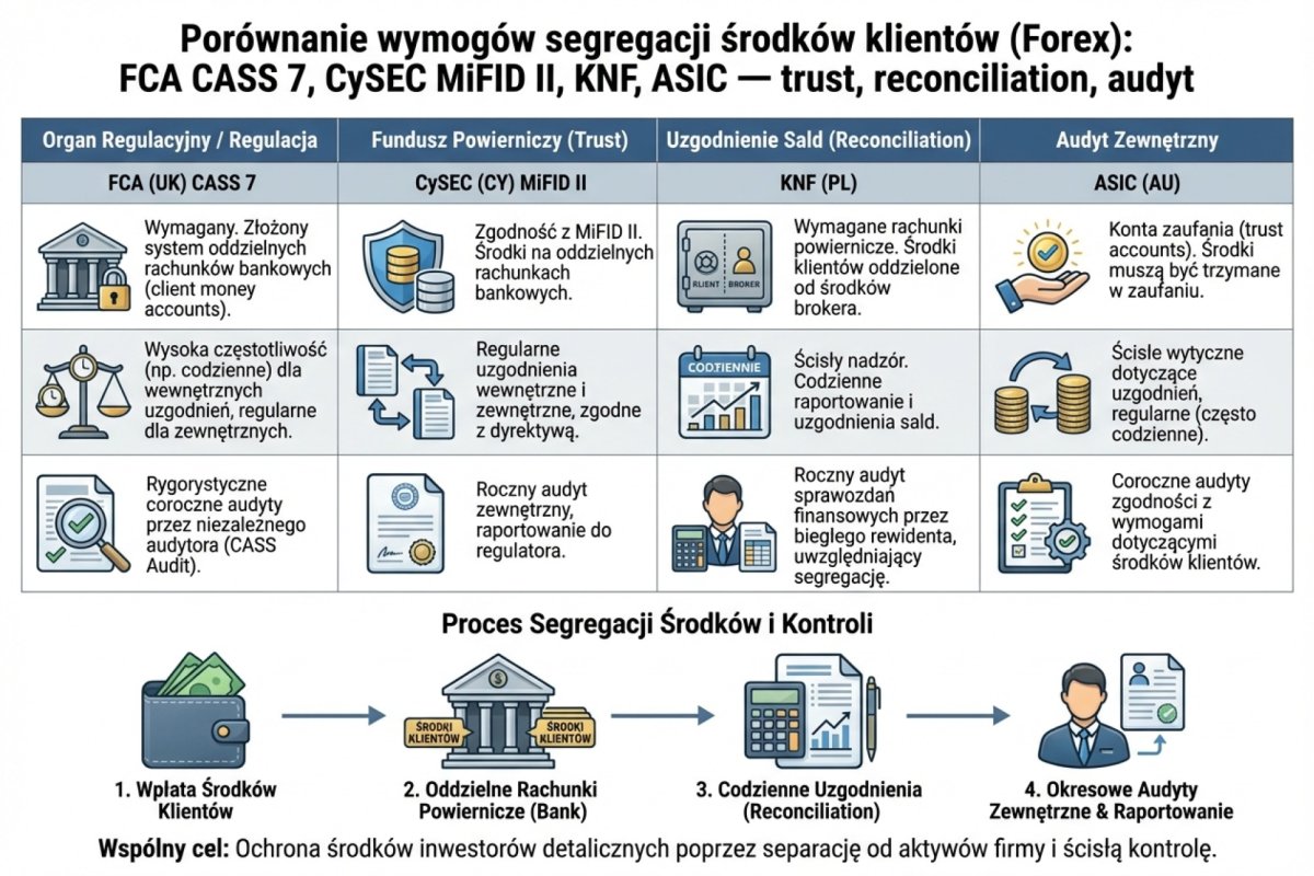 Porównanie wymogów segregacji środków: FCA CASS 7, CySEC MiFID II, KNF, ASIC — trust, reconciliation, audyt
