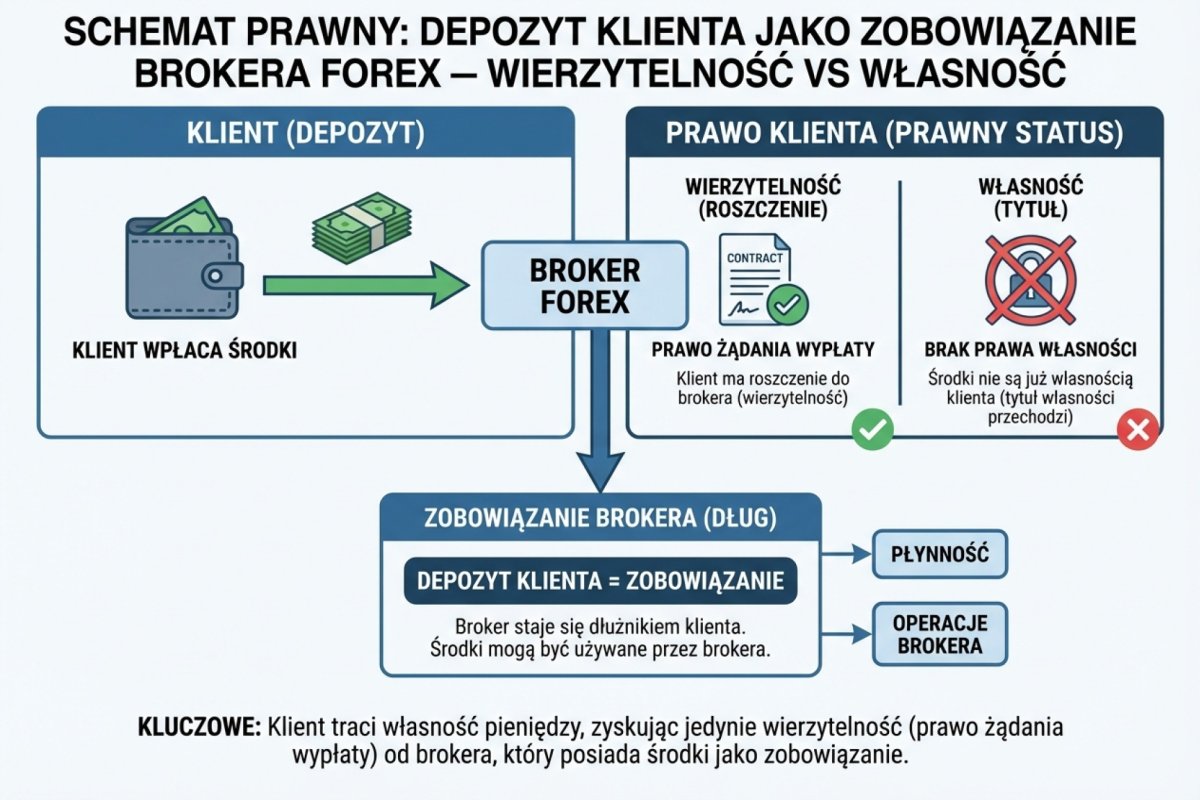 Schemat prawny: depozyt klienta jako zobowiązanie (liability) brokera Forex — wierzytelność vs własność