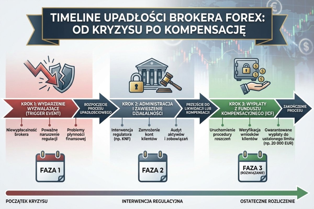 Timeline upadłości brokera Forex: od trigger event przez administrację po wypłaty z funduszu kompensacyjnego — krok po kroku