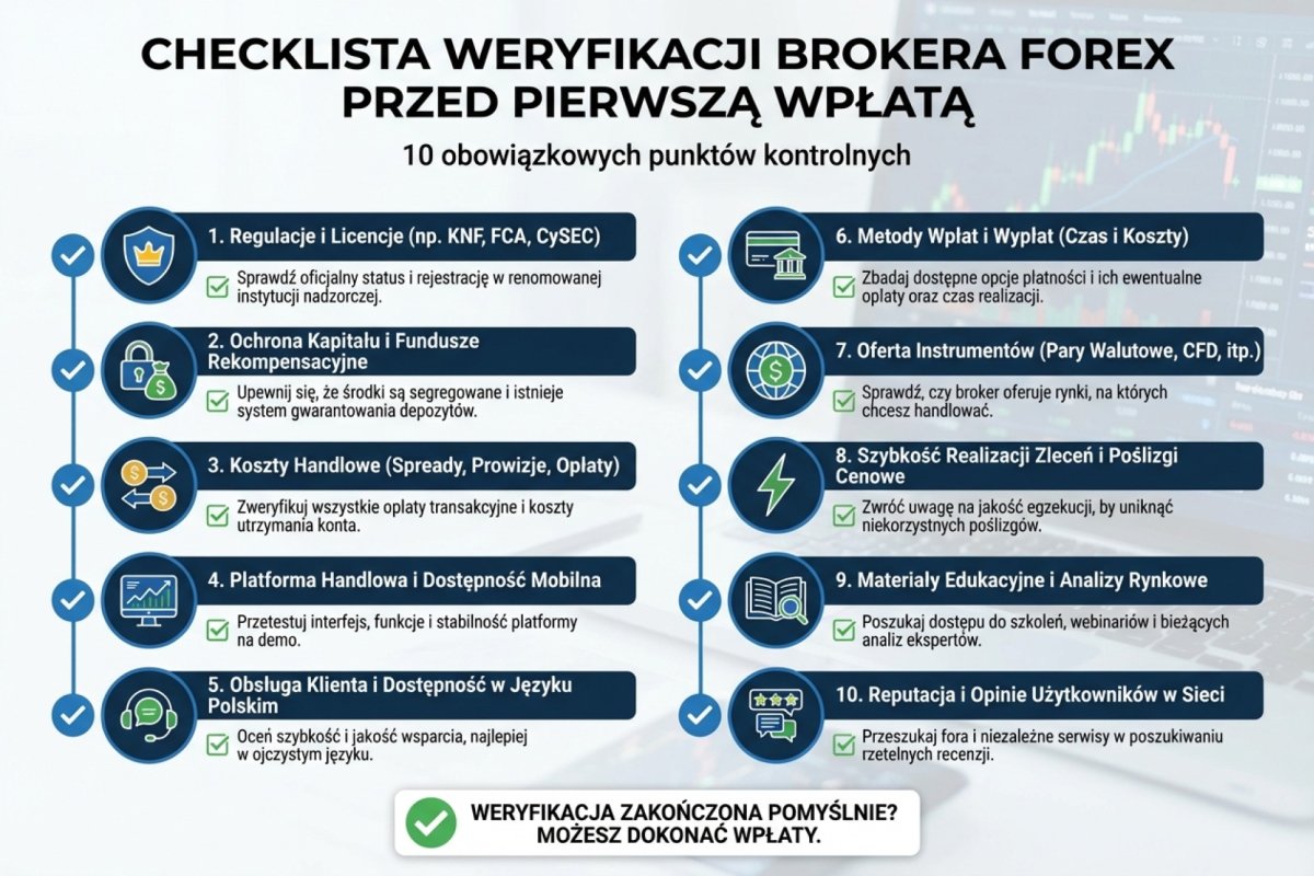 Checklista weryfikacji brokera Forex przed pierwszą wpłatą — 10 obowiązkowych punktów kontrolnych