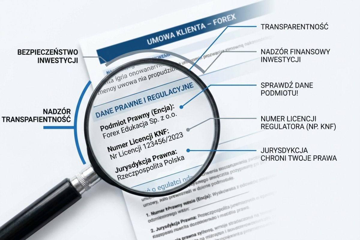 Fragment umowy klienta (Client Agreement) — sekcja z nazwą encji prawnej, numerem licencji i jurysdykcją