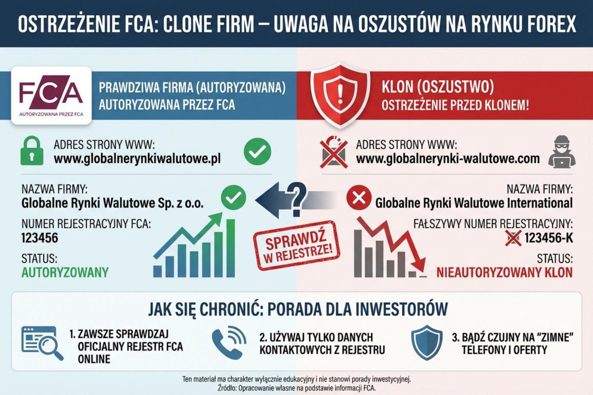 Ostrzeżenie FCA o clone firm — porównanie danych prawdziwej firmy i klonu z fałszywą stroną