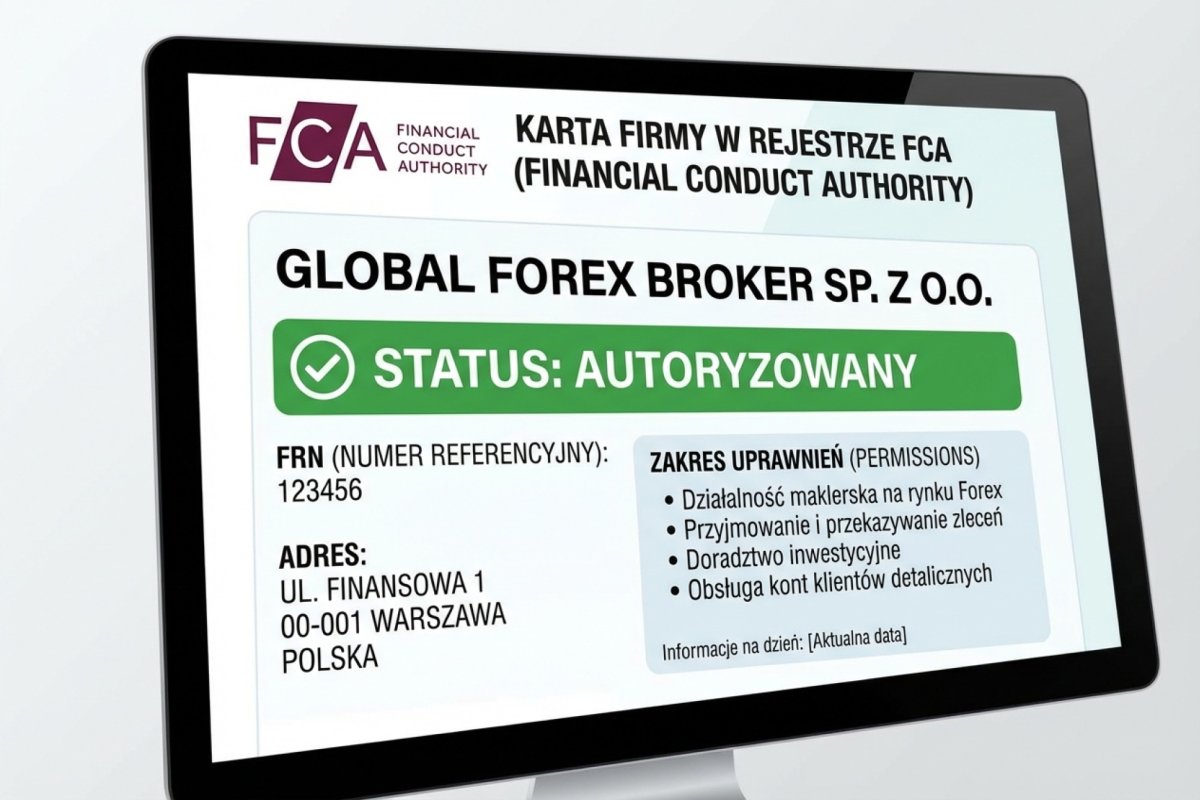 Karta firmy w FCA Register — status Authorised, FRN, adres, zakres uprawnień (permissions)