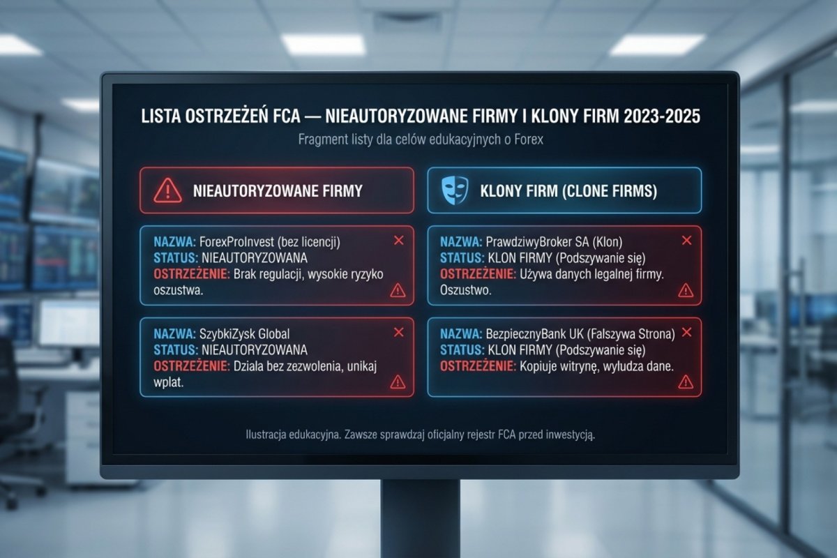 Fragment listy ostrzeżeń FCA — nieautoryzowane firmy i clone firms 2023-2025