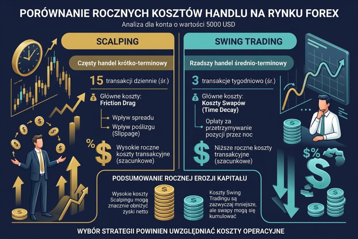 Porównanie rocznych kosztów handlu: scalping (15 trade/dzień, friction drag ze spreadu i slippage) vs swing trading (3 trade/tydzień, koszty swapów jako time decay) — na koncie 5000 USD