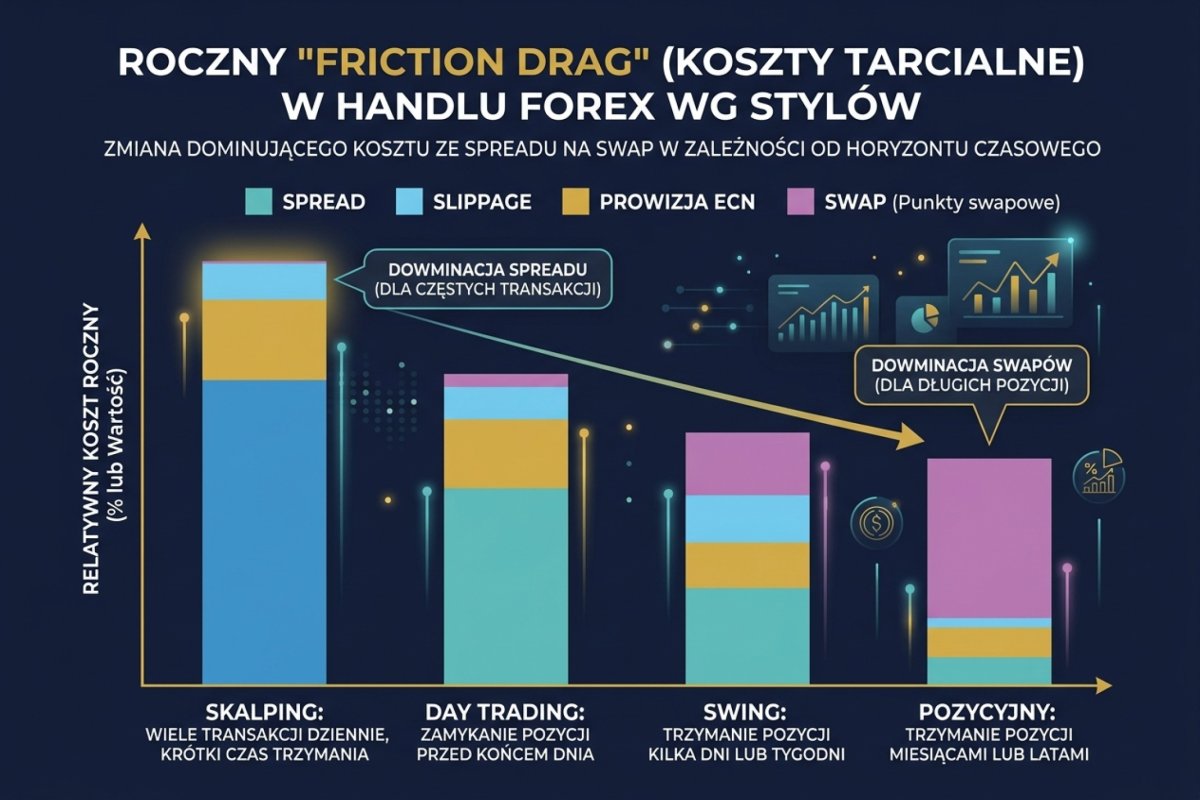 Stacked bar chart: cztery style handlu (scalping, day trading, swing, position) z rozbiciem rocznego friction dragu na składniki — spread, slippage, swap, prowizja ECN — pokazujący, jak dominujący koszt przesuwa się ze spreadu (scalping) na swap (position)