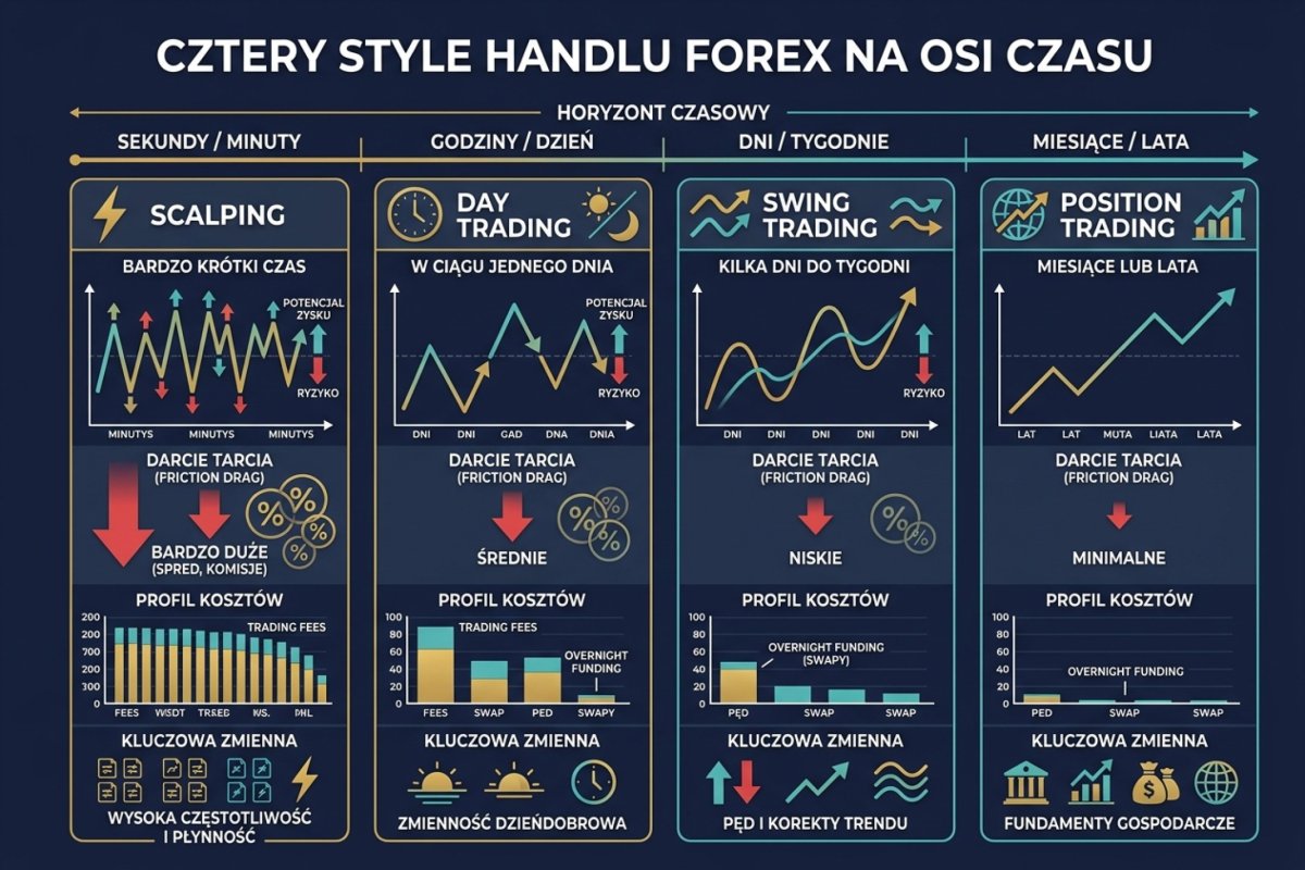 Cztery style handlu na osi czasu — scalping, day trading, swing, position — z zaznaczonym friction dragiem, profilem kosztów i kluczową zmienną dla każdego stylu