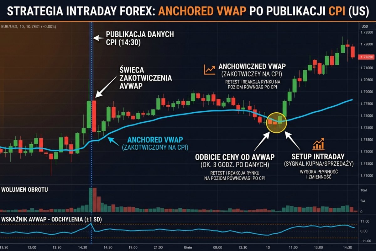 Anchored VWAP zakotwiczony na świecy publikacji CPI — odbicie ceny od AVWAP 3 godziny po danych jako setup intraday
