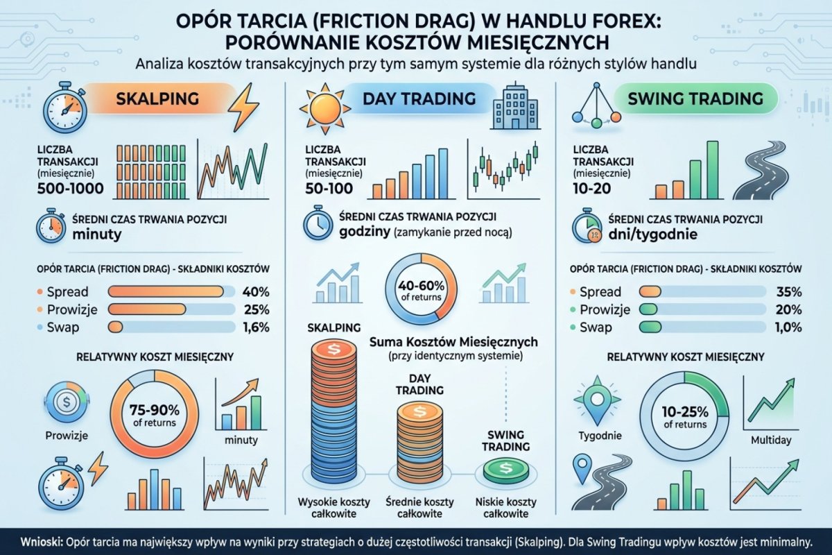 Friction drag w trzech stylach handlu — scalping, day trading, swing: porównanie kosztów miesięcznych przy identycznym systemie
