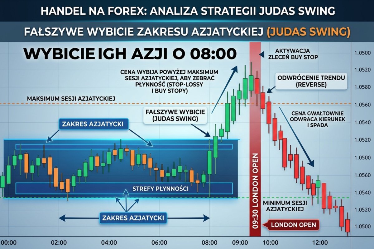 Fałszywe wybicie zakresu azjatyckiego (Judas Swing) — wybicie high Azji o 08:00, aktywacja buy stopów i odwrócenie o 09:30