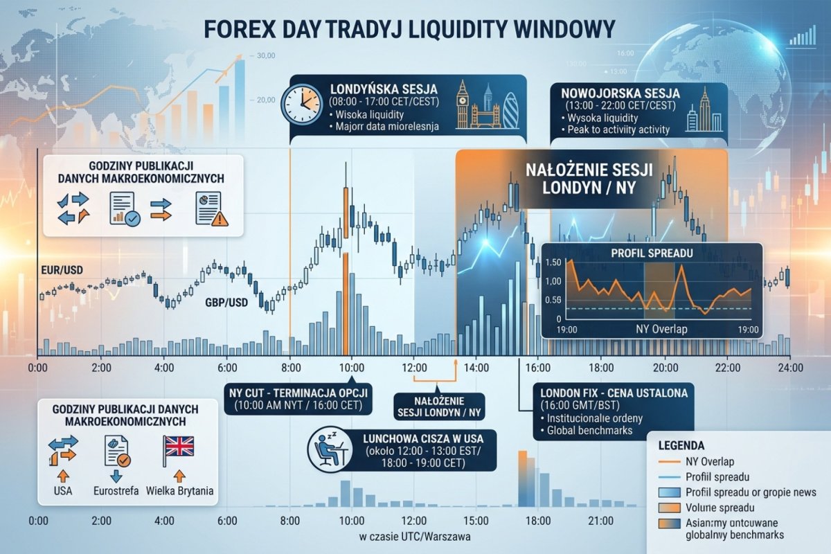 Okna płynności day tradera — Londyn, overlap NY, lunchowa cisza, NY Cut i London Fix z nałożonym profilem spreadu i godzinami danych
