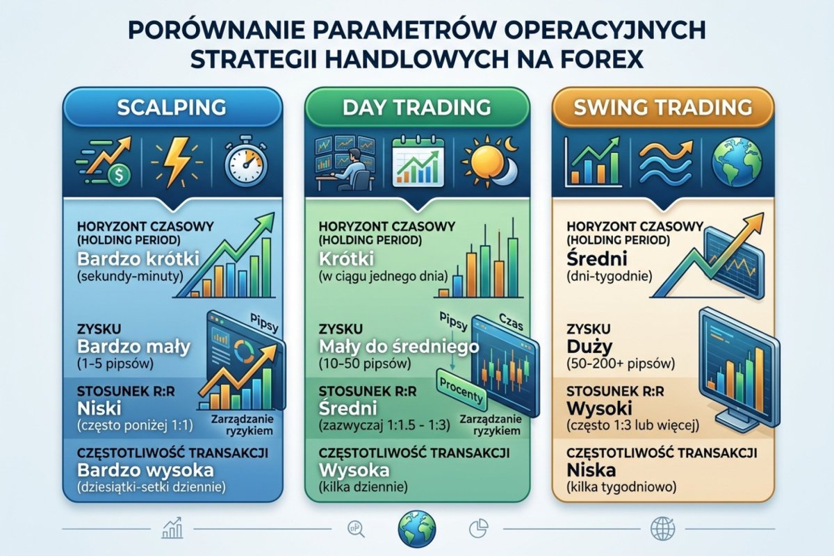 Porównanie parametrów operacyjnych day tradingu, scalpingu i swing tradingu — holding period, target, R:R, częstotliwość