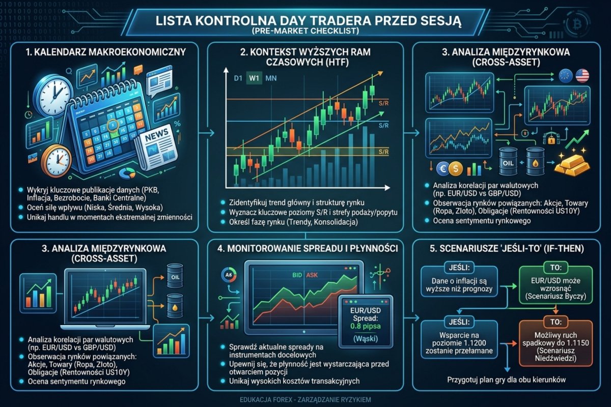 Pre-market checklist day tradera — kalendarz makro, kontekst HTF, cross-asset, spread, scenariusze jeśli-to