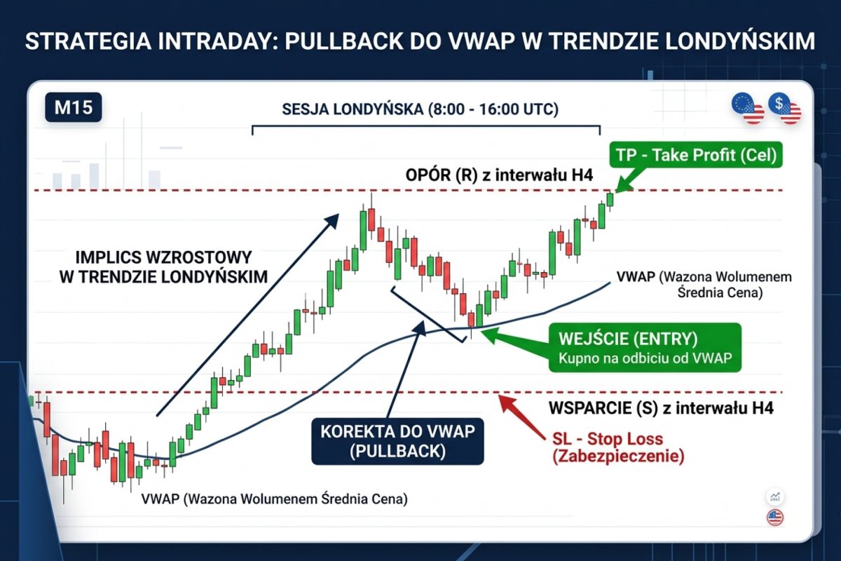 Setup intraday — pullback do VWAP na M15 w trendzie londyńskim z zaznaczonym entry, SL i TP na S/R z H4