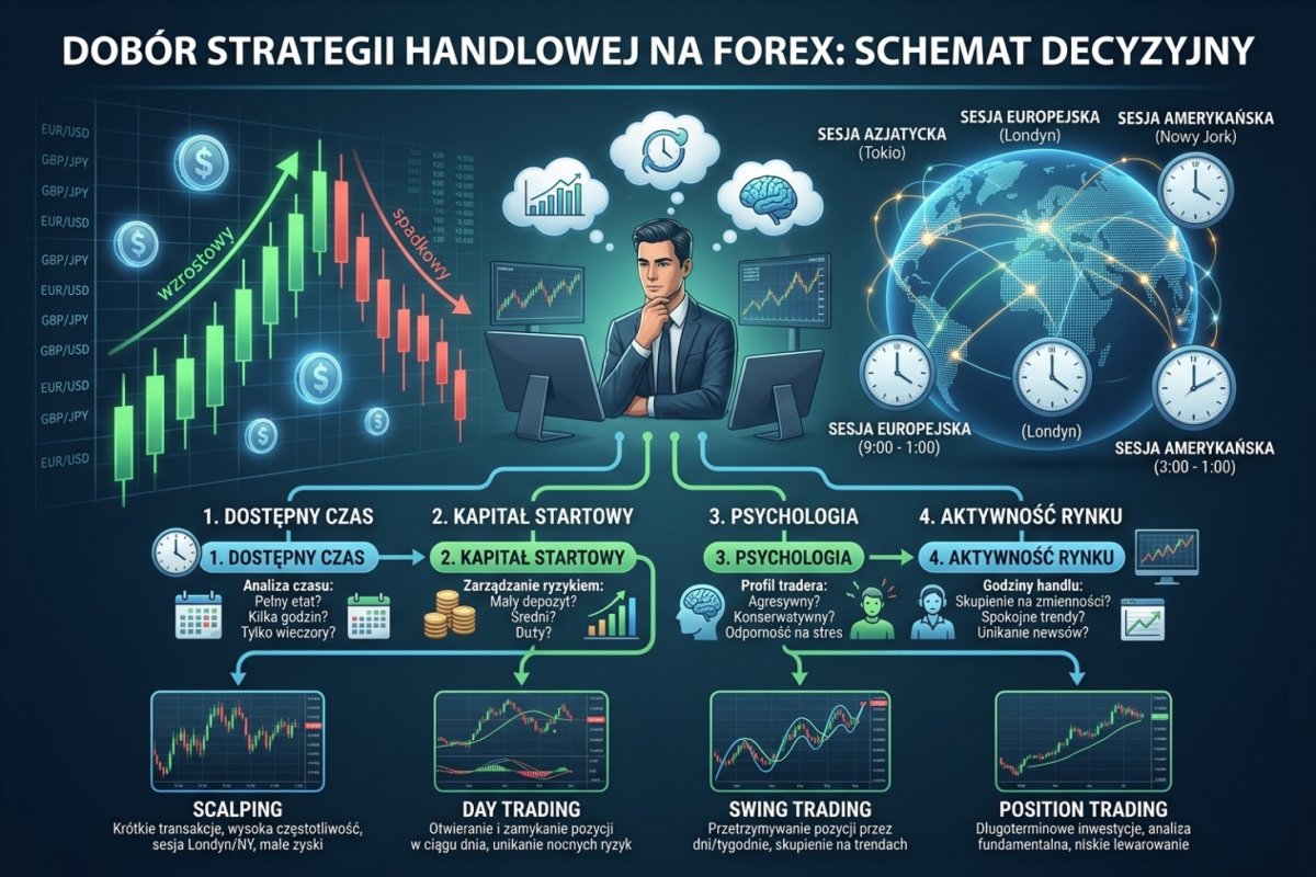 Dobór strategii handlowej na Forex — schemat decyzyjny z uwzględnieniem czasu, kapitału, psychologii i sesji handlowej