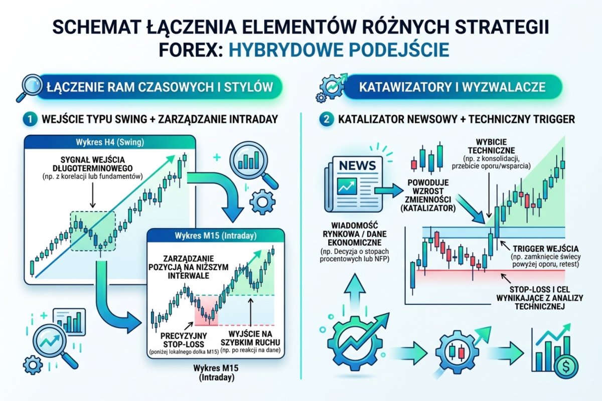 Schemat łączenia elementów różnych strategii — swing entry z intraday management, news catalyst z technicznym triggerem