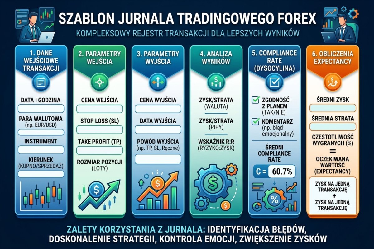 Szablon jurnala tradingowego — 6 kolumn z compliance rate i obliczeniami expectancy