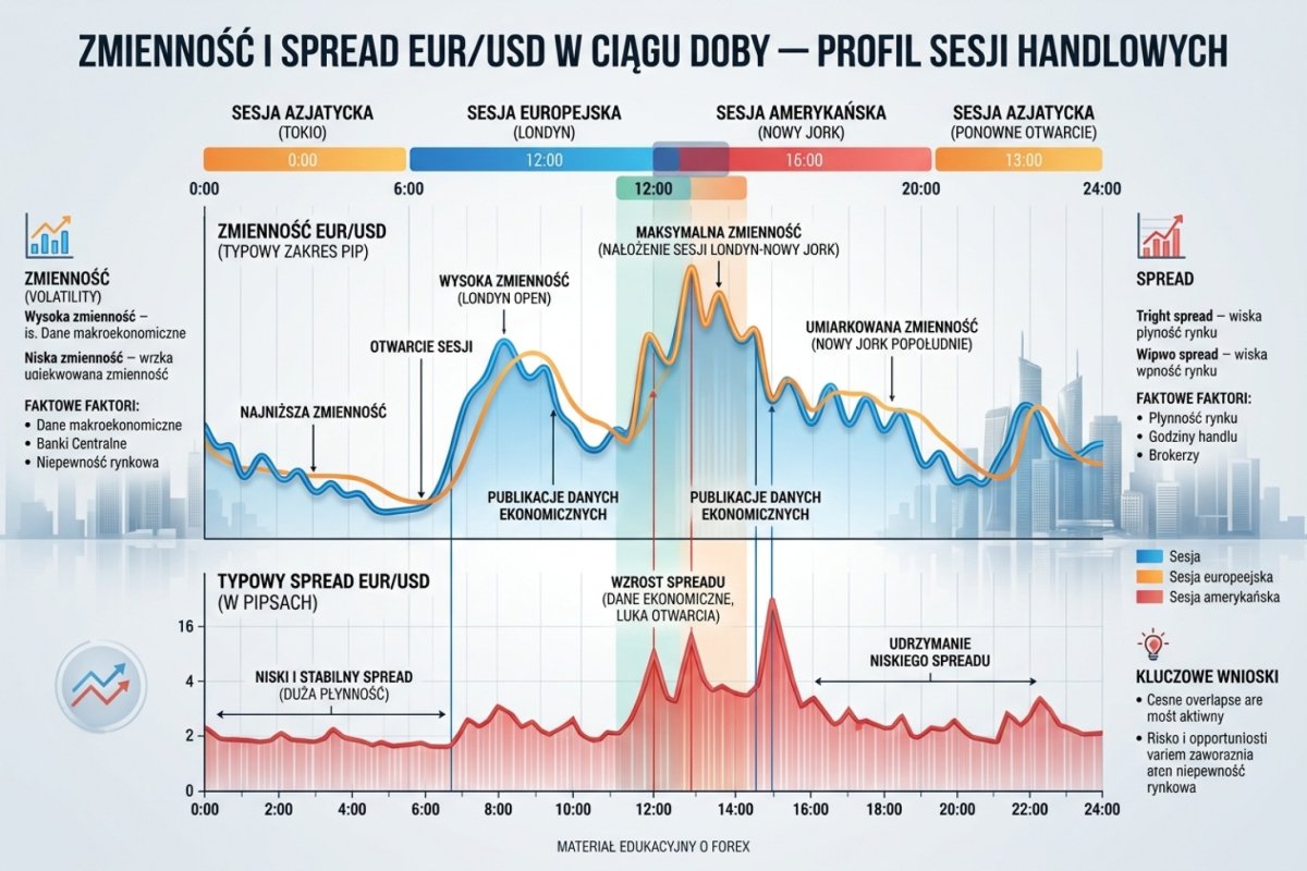 Zmienność i spread EUR/USD w ciągu doby — profil sesji handlowych