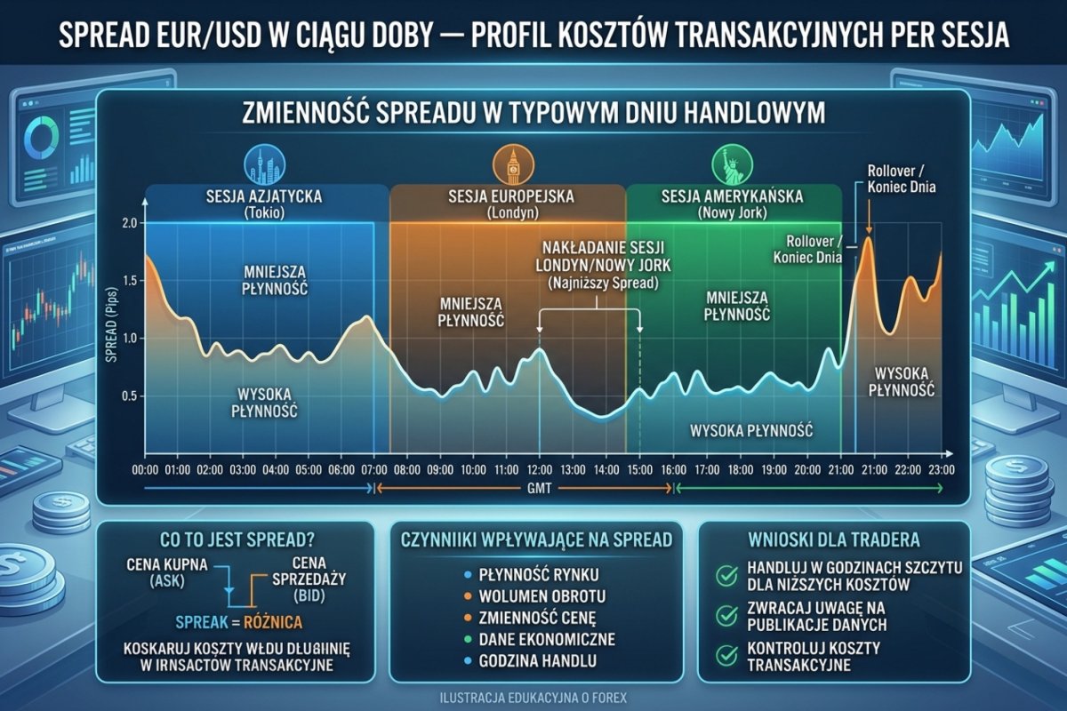 Spread EUR/USD w ciągu doby — profil kosztów transakcyjnych per sesja