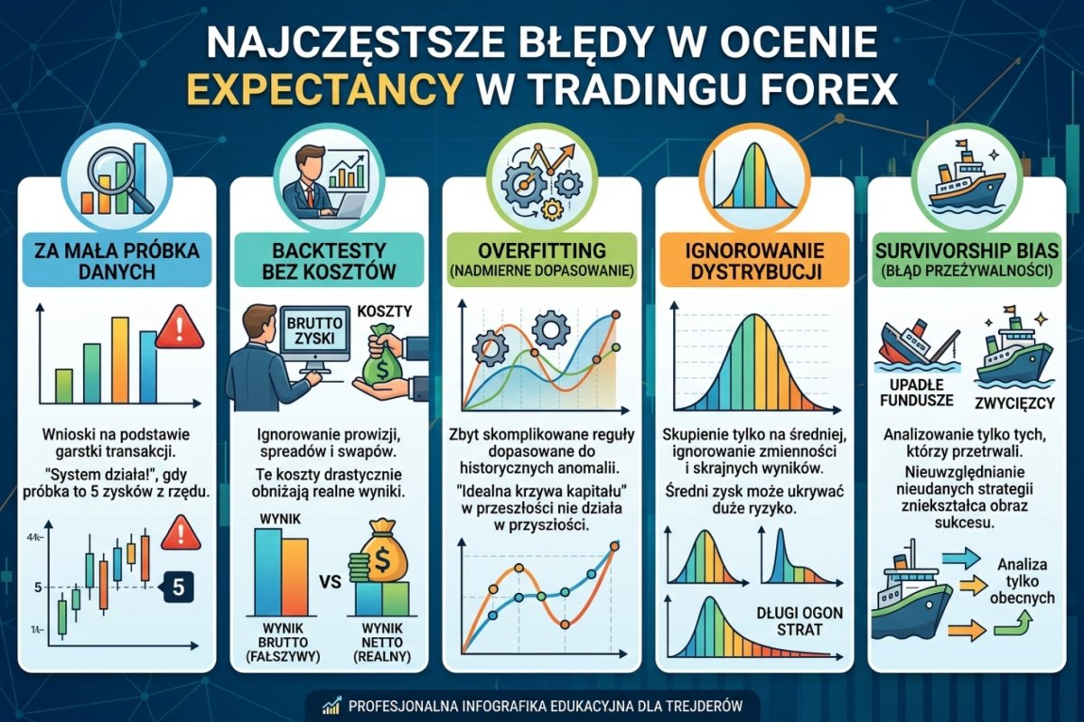 Najczęstsze błędy w ocenie expectancy: za mała próbka, backtest bez kosztów, overfitting, ignorowanie dystrybucji, survivorship bias