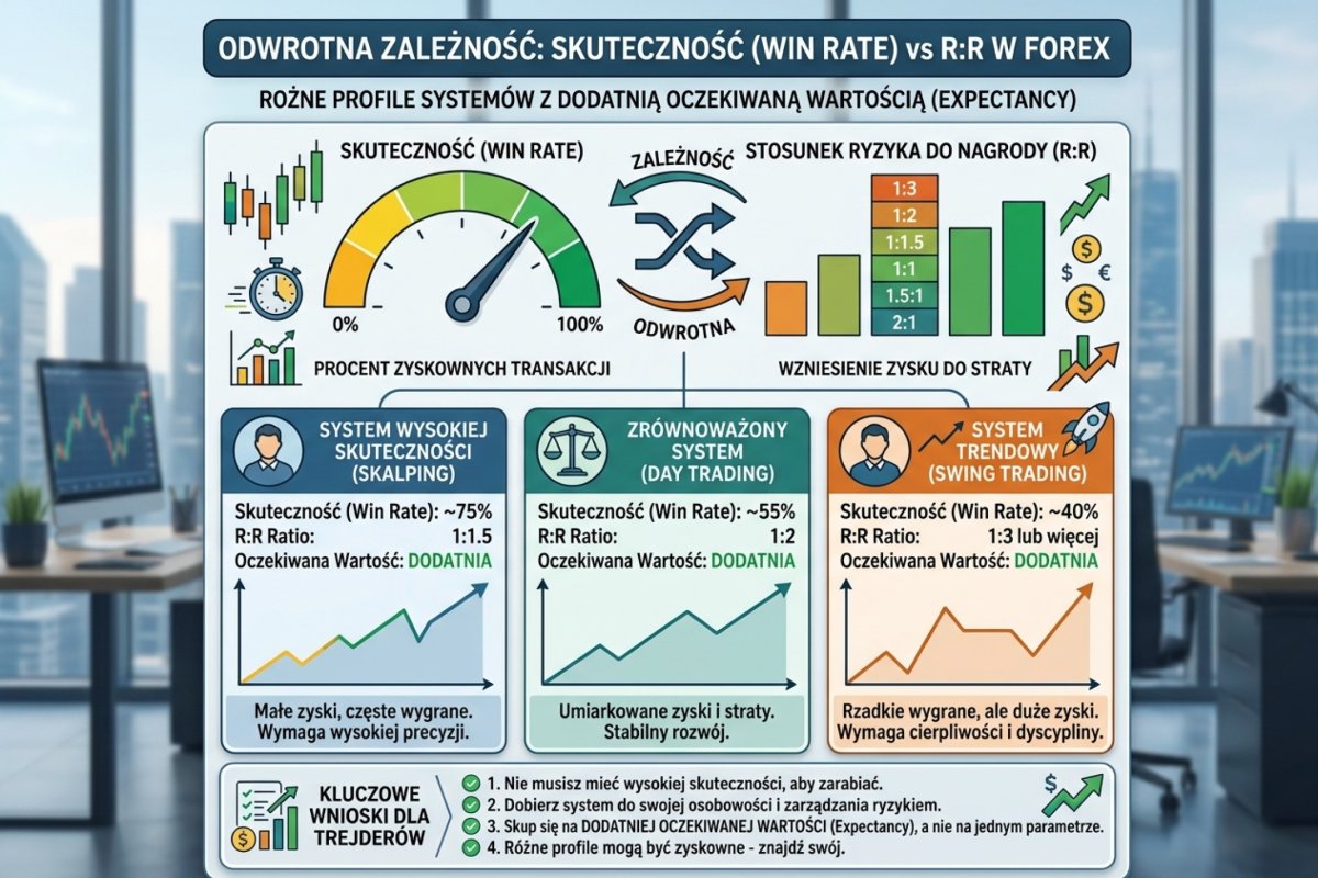 Odwrotna zależność win rate i R:R — różne profile systemów z dodatnią expectancy