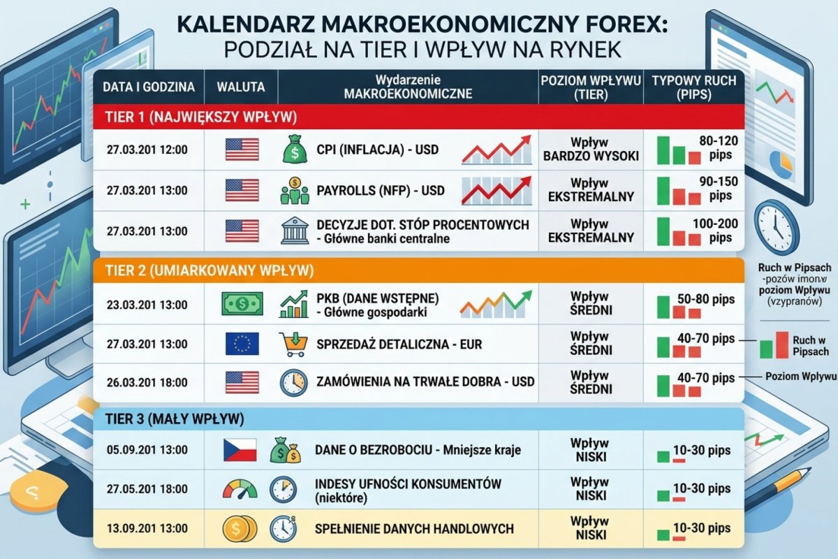 Kalendarz makroekonomiczny z podziałem na Tier 1, Tier 2 i Tier 3 — zaznaczone eventy z największym wpływem na FX i typowy ruch w pipsach