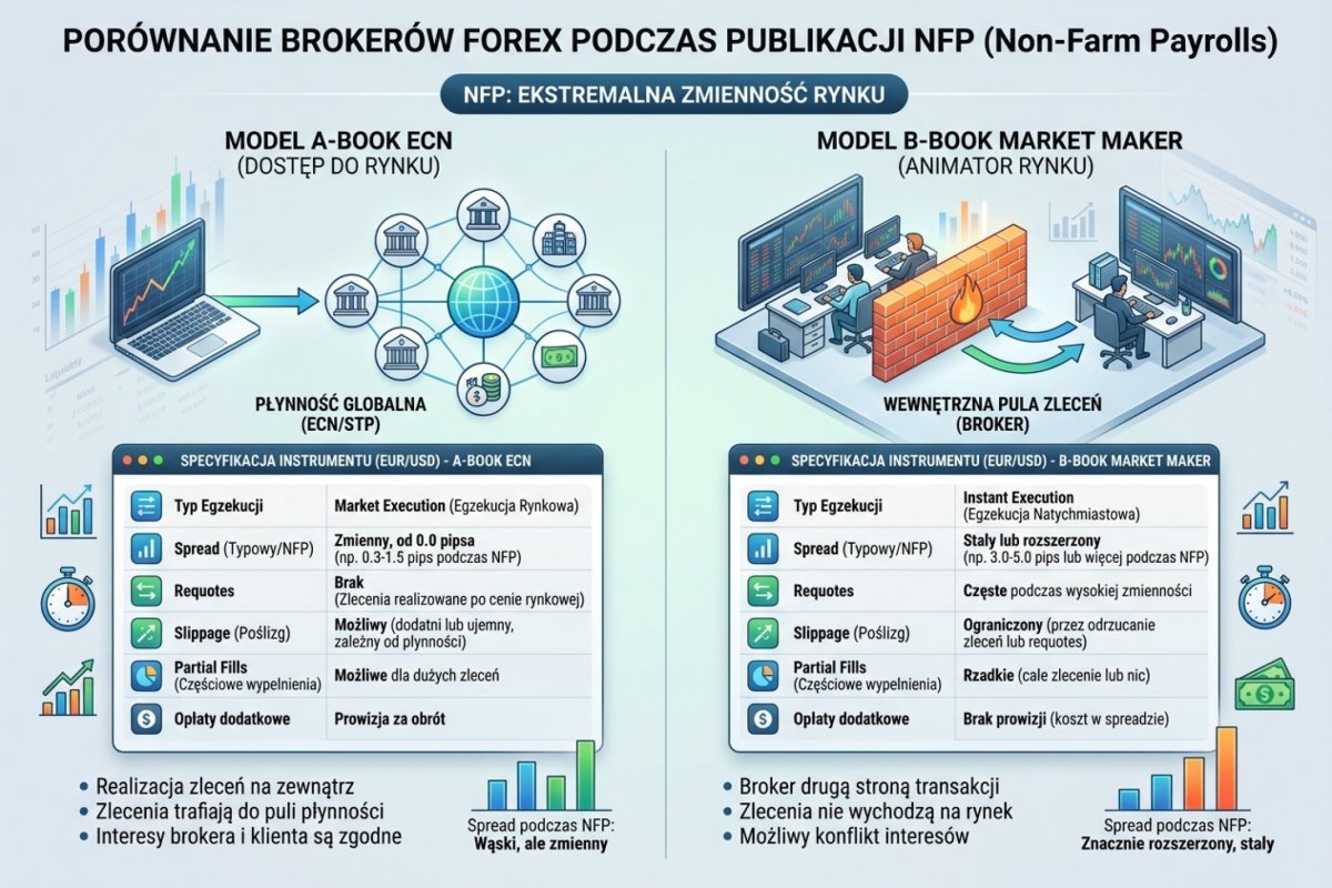 Porównanie A-Book ECN i B-Book Market Maker przy NFP — spread, requotes, slippage, partial fills, execution policy: dwa screenshoty specyfikacji instrumentu
