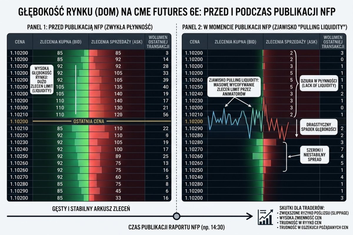 Depth of Market (DOM) na CME futures 6E przed i w momencie NFP — widoczne znikanie zleceń limit (pulling liquidity) i dziura w płynności po stronie Ask