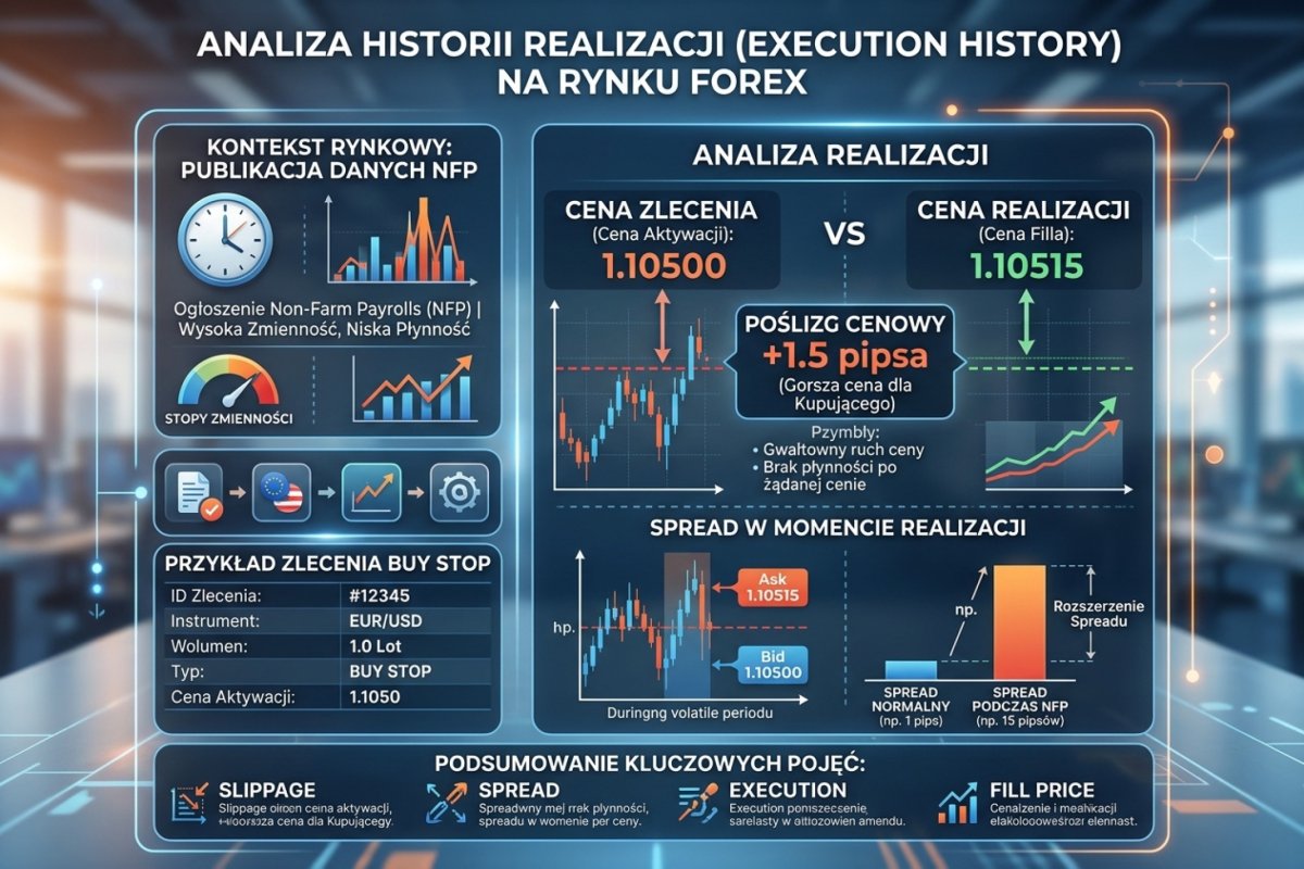 Execution history z platformy brokera — cena zlecenia vs cena filla, slippage, spread w momencie realizacji przy danych NFP