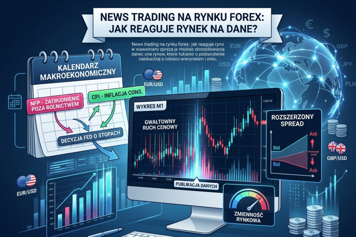 News trading na rynku Forex — kalendarz makroekonomiczny z zaznaczonymi NFP, CPI i decyzją Fed, wykres M1 z gwałtownym ruchem po danych i rozszerzonym spreadem
