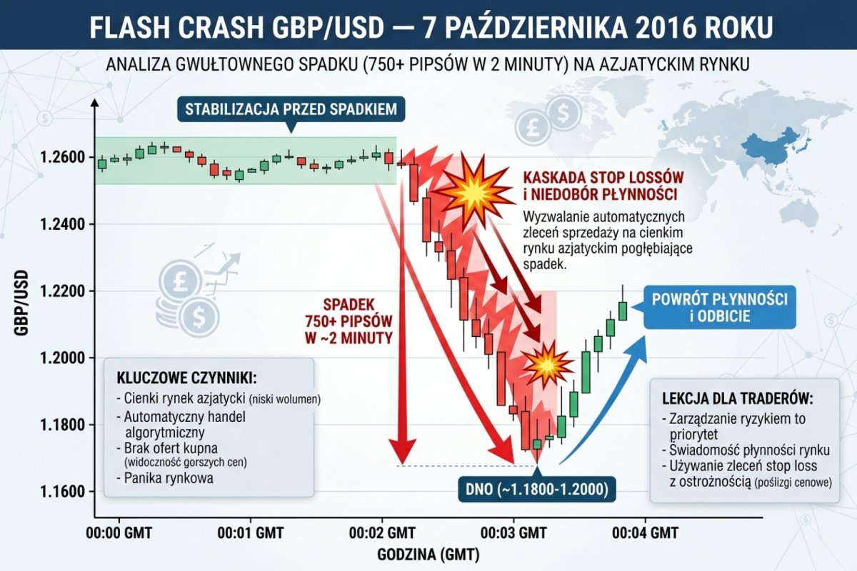 Flash crash GBP/USD 7 pazdziernika 2016 — spadek 750+ pipsow w 2 minuty na cienkim azjatyckim rynku, zaznaczony moment kaskady stop lossow i powrot plynnosci