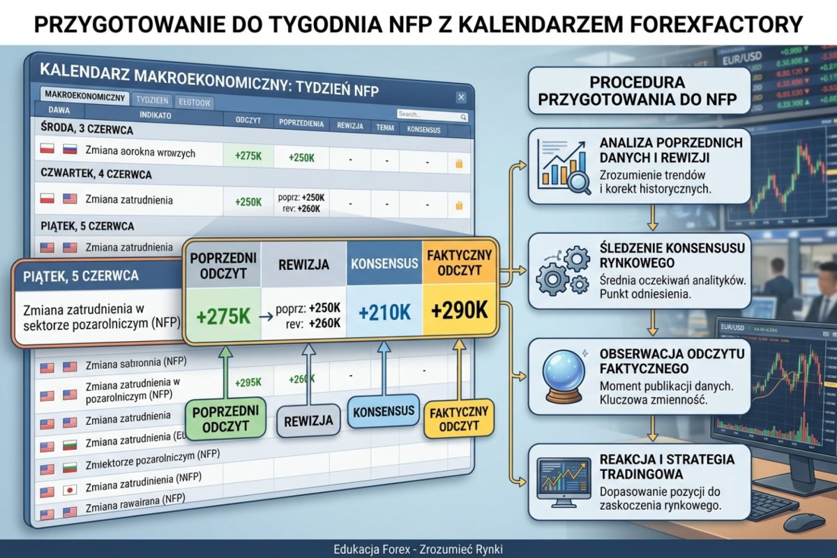 Kalendarz makroekonomiczny ForexFactory z zaznaczonym tygodniem NFP — poprzedni odczyt, konsensus, faktyczny odczyt, rewizja: procedura przygotowania