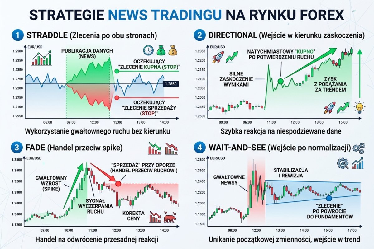Trzy strategie news tradingu na wykresie — straddle (zlecenia po obu stronach), directional (wejście w kierunku zaskoczenia), fade (handel przeciw spike), wait-and-see (wejście po normalizacji)