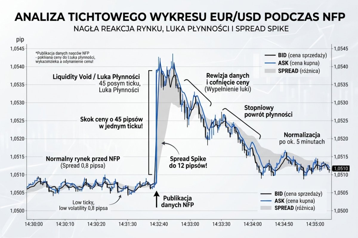 Tick chart EUR/USD w oknie NFP — widoczny spread spike z 0,8 do 12 pipsów, skok ceny 45 pipsów w jednym ticku (liquidity void), cofnięcie po rewizji, normalizacja po 5 minutach