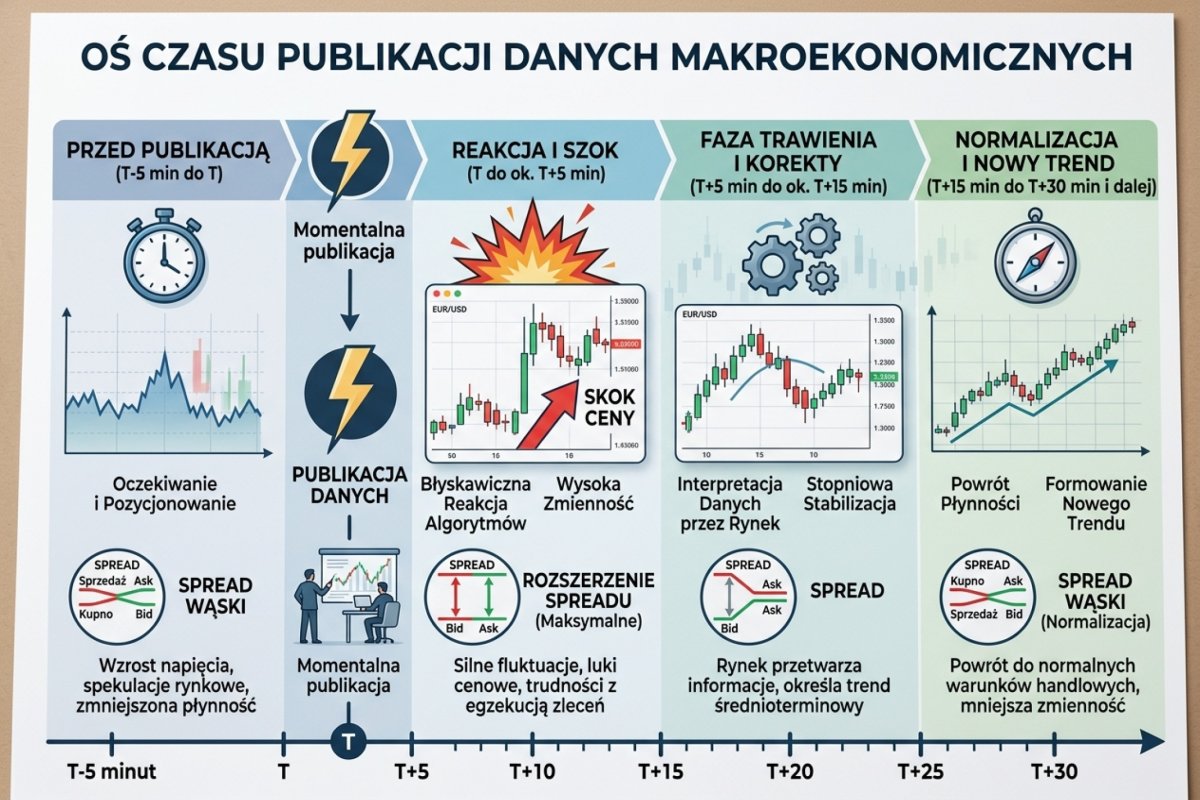 Oś czasu publikacji danych makro — od T-5 minut do T+30 minut, z zaznaczonym rozszerzeniem spreadu, skokiem ceny, fazą trawienia i normalizacją