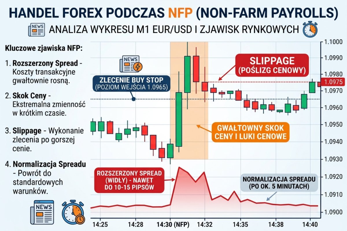 Wykres M1 EUR/USD w oknie NFP — rozszerzony spread, skok ceny, slippage na buy stopie i normalizacja spreadu po 5 minutach