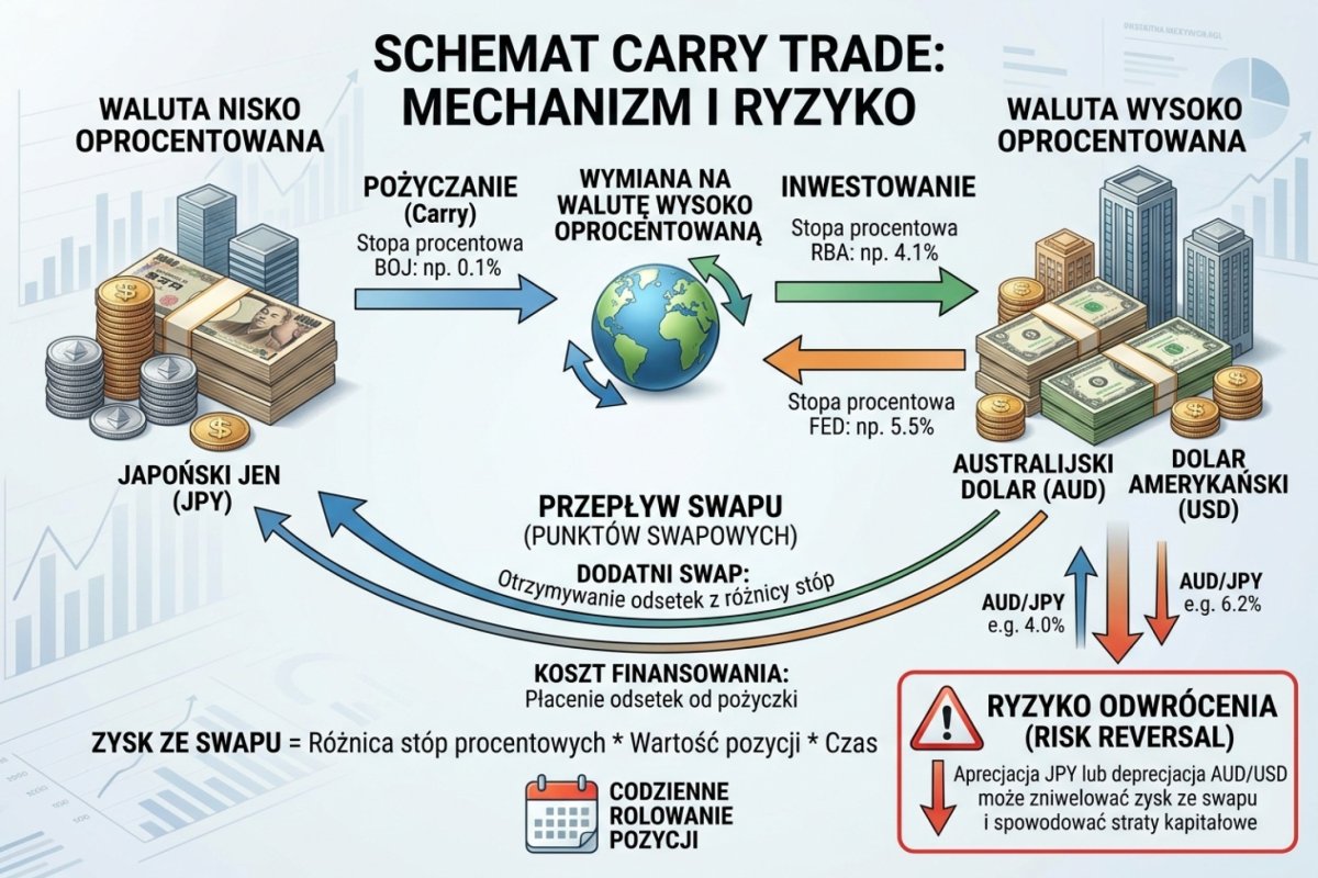 Schemat carry trade: pożyczanie w walucie nisko oprocentowanej JPY i inwestowanie w walutę wysoko oprocentowaną AUD/USD z zaznaczonym przepływem swapu i ryzykiem odwrócenia