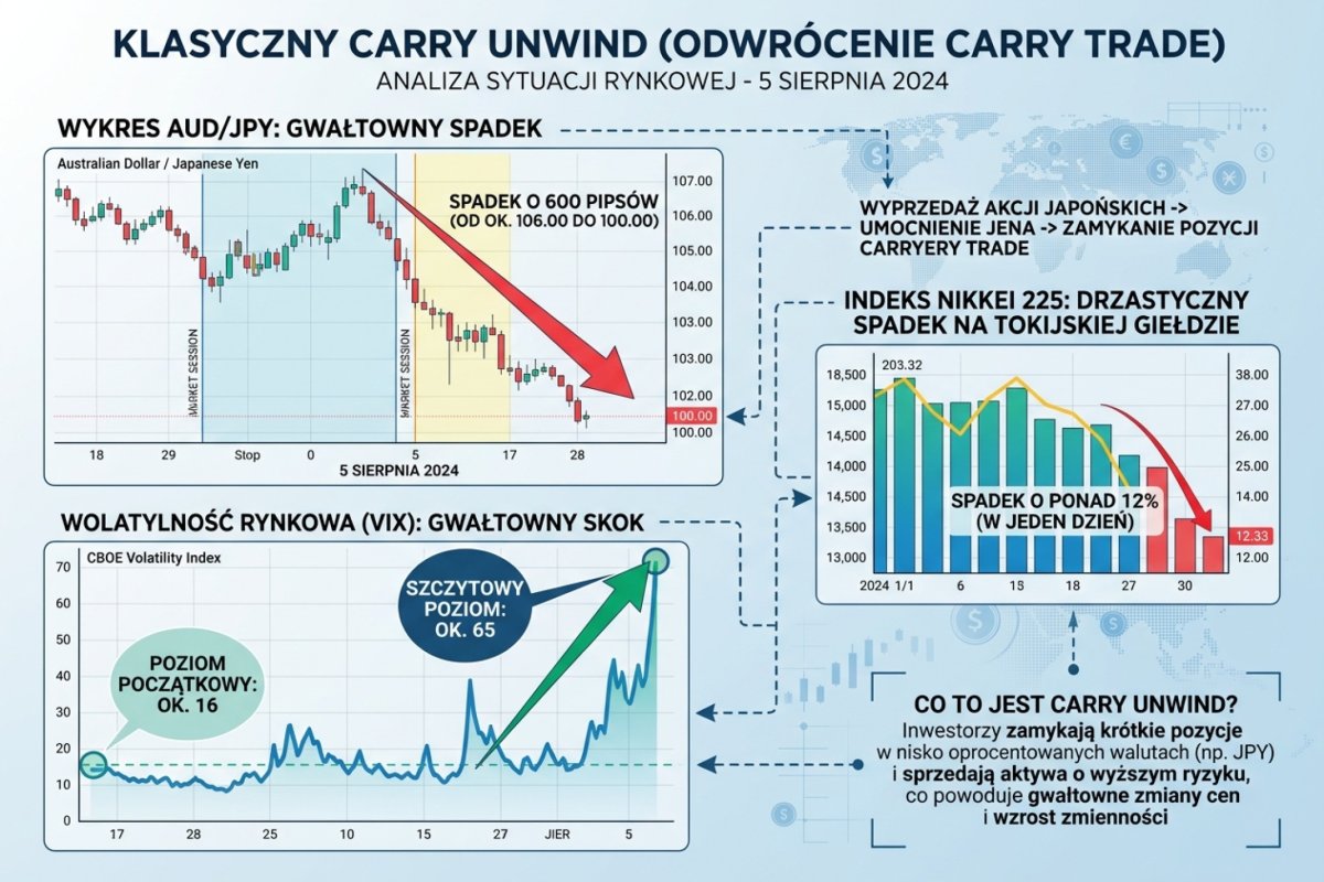 Wykres AUD/JPY spadek 600 pipsów 5 sierpnia 2024 zestawiony z VIX skok z 16 do 65 i Nikkei minus 12 procent — klasyczny carry unwind