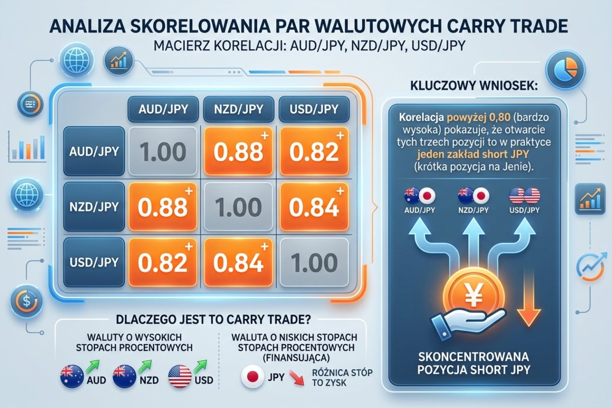Macierz korelacji par carry trade: AUD/JPY, NZD/JPY, USD/JPY — korelacja powyżej 0,80 pokazująca, że trzy pozycje to w praktyce jeden zakład short JPY